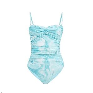 GANNI blue and white scrunched one piece swimsuit